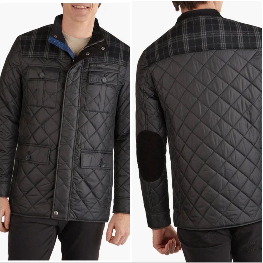 Cole Haan Mixed Media Plaid Quilted Corduroy Jacket M Black Gray Plaid